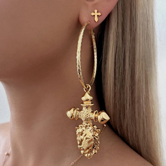 24k Gold Lion Cross Hoop Earrings - Picture 4 of 9